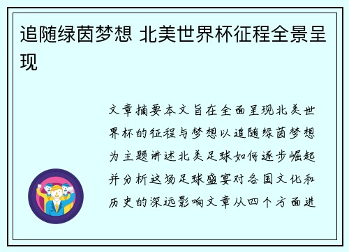 追随绿茵梦想 北美世界杯征程全景呈现